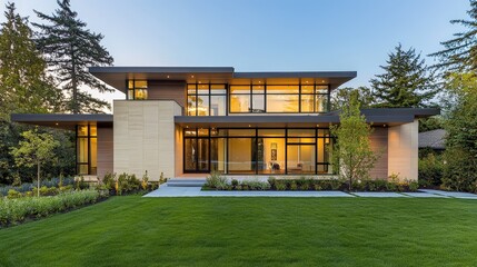 A modern new house with a sleek design and large glass windows, situated on a lush green lawn.