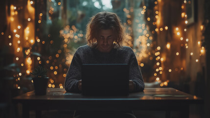 Wall Mural - A man is sitting at a desk with a laptop in front of him. The room is lit with lights, creating a cozy atmosphere. The man is focused on his work, possibly typing or browsing the internet