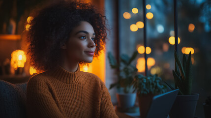 Sticker - A woman with curly hair is sitting in a room with a plant and a tablet. She is smiling and looking out the window