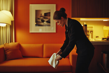 Poster - the hotel manager is inspecting the cleaner's work quality by checking into all the  details of the rental airbnb service apartment 