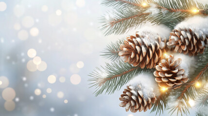 Wall Mural - Holiday Banner with Snow-Dusted Pine Cones, Fir Branches, and Warm Glowing Lights