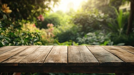 Wooden Tabletop with Garden View: A worn wooden tabletop, weathered by time, with a lush green garden in the background, perfect for outdoor product displays or organic settings.