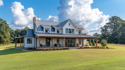 A newly constructed home with a farmhouse design, including a wraparound porch, metal roof, and traditional wooden siding.