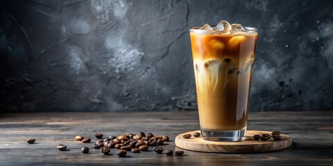 Wall Mural - Iced espresso coffee in tall glass, refreshing beverage with ice cubes