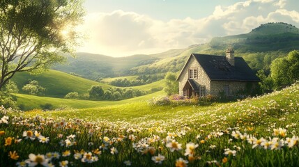 Poster - A peaceful summer backdrop featuring a charming rural cottage surrounded by rolling green hills and blooming wildflowers.