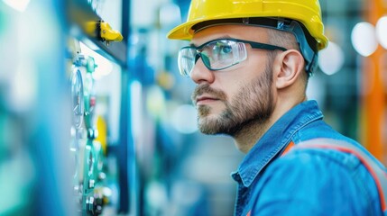 An industrial worker wearing a yellow safety helmet and protective glasses, operating machinery in a factory environment, focused on precision and safety.