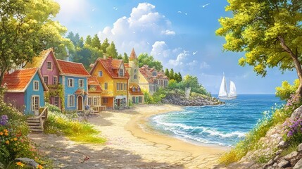 Sticker - A picturesque summer scene featuring a charming coastal village with colorful houses, a sandy beach, and a sparkling ocean