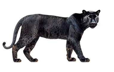 Wild standing black panther on transparent background, png	