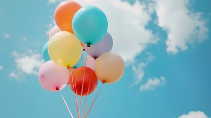 Wall Mural - Hand holding colorful balloons against blue sky with white clouds.