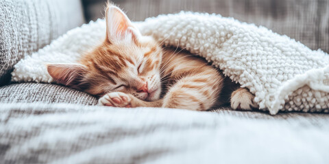 Cute little fluffy orange baby kitten lying on the bed in a fluffy blanket. Wallpaper tenderness, innocence, love