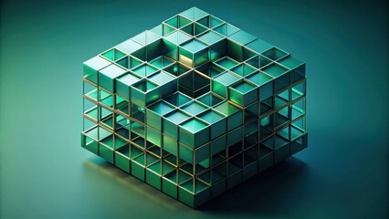 Fototapete - Abstract geometric cubic structure with dark green tones in isometric render
