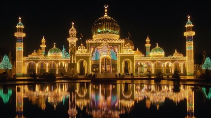 A Ramadan mosque beautifully illuminated with lights and decorations, reflecting the spiritual significance of the holy month