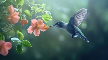 Wall Mural - Hummingbird in flight, feeding from a flower 