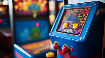 A retro arcade game machine with colorful graphics and joystick controls, capturing the essence of classic gaming