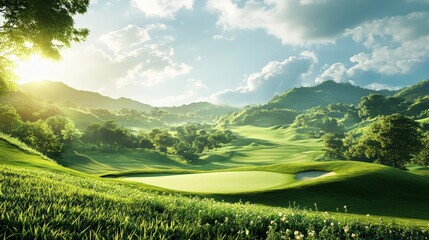 Wall Mural - A scenic summer landscape featuring a lush golf course with manicured greens and rolling hills.