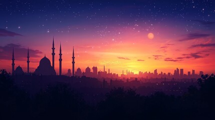 A serene Ramadan sunset over a city skyline, with silhouettes of people heading to the mosque and the first stars appearing in the sky