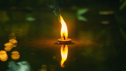 Sticker - A serene yet intense image of a lone torch flame reflected in a still pond.