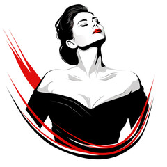 Wall Mural - A woman with a red lip is shown in a black dress. The image is a stylized drawing of a woman with a red line running through her dress. The woman is relaxed and content, with her eyes closed