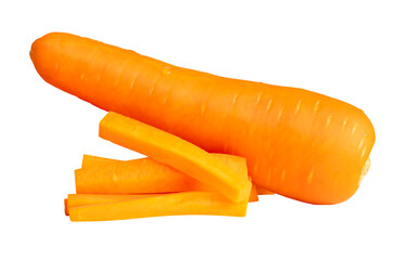 Side view of fresh orange carrot root with slices in stick shape in stack isolated in png file format