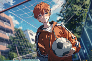 Canvas Print - A young man in an orange hoodie is holding a soccer ball