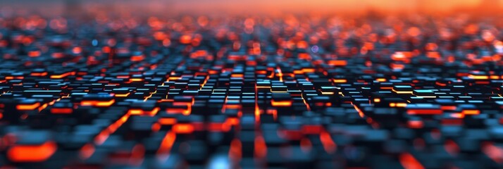 An abstract close-up of a digital surface with glowing red and blue blocks, symbolizing data, technology, and futuristic innovation.