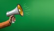 © Rahmat  - Hand holding a megaphone announces sales and discounts. Marketing and commercial concept banner with copy space, made with Generative Al.
