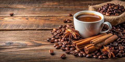 Wall Mural - Cup of coffee with chocolate, cinnamon sticks, and coffee beans on wooden table