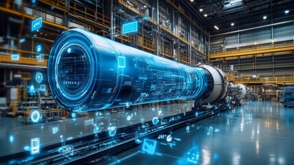 Wall Mural - Digital twin of an industrial air with digital overlay showing data and collaboration icons, highlighting the integration between blue rocket on one side