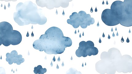 watercolor clouds with rain drops seamless pattern background