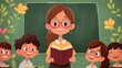 © Sarawut - Smiling teacher standing in front of a chalkboard, holding a book, surrounded by happy students, in cartoon animation vector style.