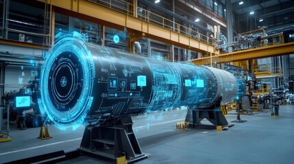 Wall Mural - Digital twin of an industrial air with digital overlay showing data and collaboration icons, highlighting the integration between blue rocket on one side