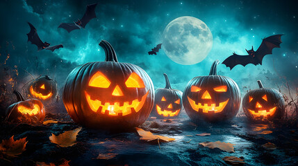 Jack o lanterns with scary faces glowing in the dark, surrounded by flying bats and a full moon.