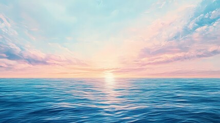 Wall Mural - Capture the serene beauty of a vast ocean under a sky painted with soft pastel colors, where the horizon seamlessly blends