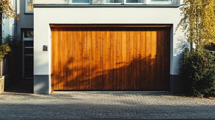 A stylish garage with a wooden door, typical of Scandinavian design. It's located in a German city and has an automatic door for easy access.