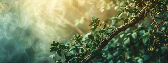 Wall Mural - close-up of tree branch with leaves in soft sunlight