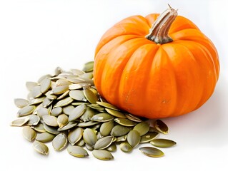 Wall Mural - Vibrant Orange Pumpkin Seeds Spilled on White Background