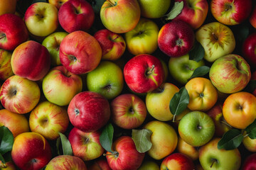 A bunch of apples with green leaves on top