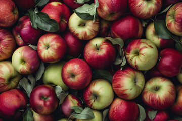 A bunch of apples with green stems and red skin