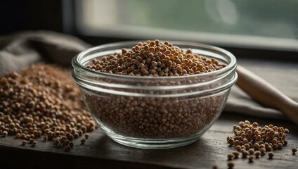 Spoon picking buckwheat from a glass container.