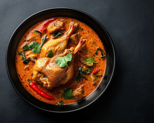 Thai roasted duck curry is beautifully presented on black plate, showcasing vibrant colors and rich textures. dish features tender duck, fresh herbs, and spicy sauce that promises delightful culinary