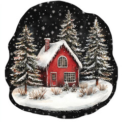 Watercolor red house in winter forest. Hand painted Christmas illustration isolated on black