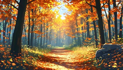 Wall Mural - Serene sunlit forest path adorned with vibrant autumn foliage in tranquil lofi anime style