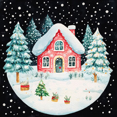 Watercolor red house in winter forest. Hand painted Christmas illustration with fir trees on black