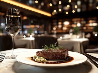 A gourmet plate of steak served elegantly in a stylish restaurant with dim lighting and refined ambiance.