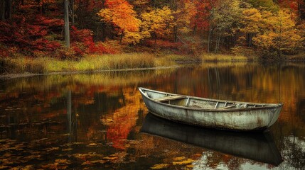 Poster - Create an image of a lone, abandoned boat on a still lake surrounded by autumn foliage, reflecting solitude and the quiet beauty of the season