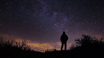 Stunning night sky with a galaxy of stars and a silhouette of a person stargazing