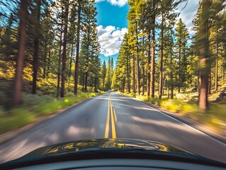 Road trip with pine forest backdrop, car in motion capturing travel spirit.