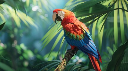 Wall Mural - A colorful parrot is perched on a branch in a lush green forest