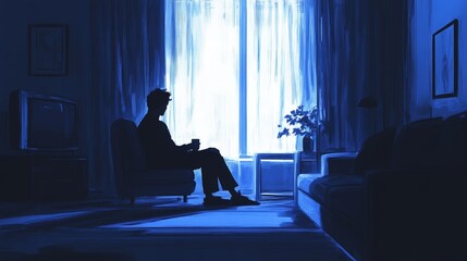 Depict a person sitting in a dimly lit living room with a coffee cup, looking exhausted and barely awake, as the early morning light begins to brighten the room