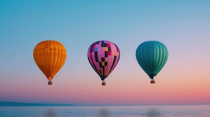  Vibrant hot air balloons drifting over a quiet beach at sunrise, the sky painted with soft pinks and oranges, Tranquil, soft light, serene